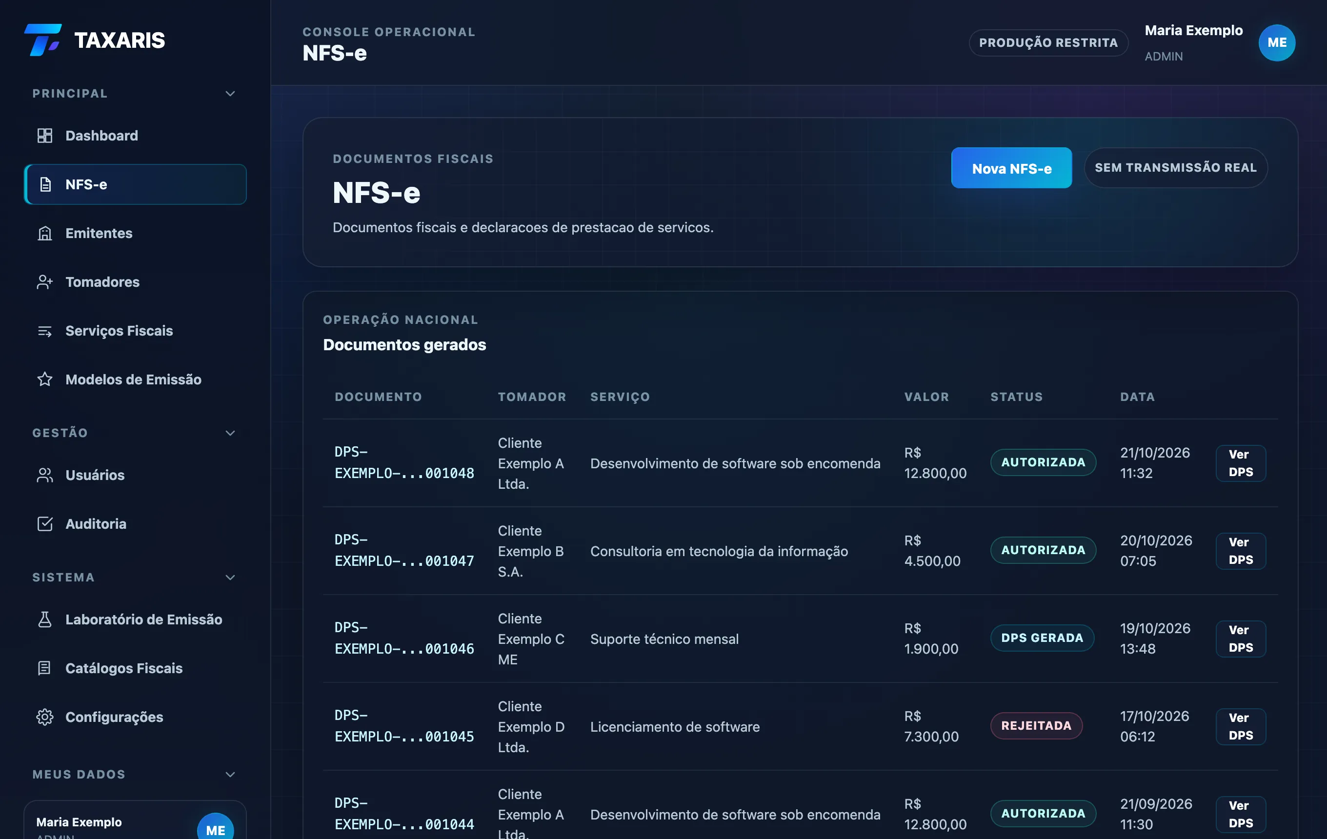 Tela de NFS-e do Taxaris com a lista de documentos gerados e seus status